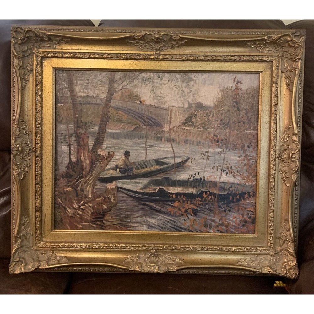 RARE Vtg 23X27 Van Gough Art Print "Fishing in Spring” Gold Guild Ornate Frame